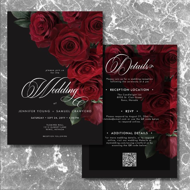 Elegant Moody Blood Red Roses Floral Two Sided Invitation (Elegant Moody Blood Red Roses Floral Two Sided Invitation)