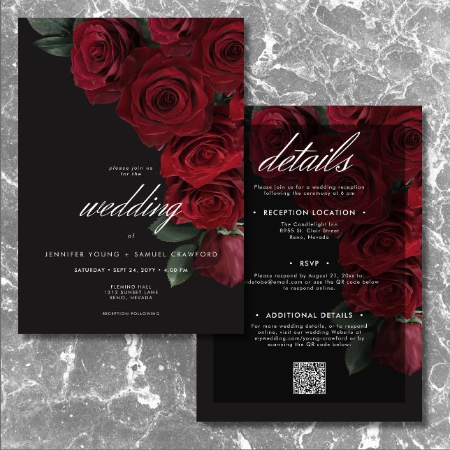 Elegant Moody Blood Red Roses Floral Two Sided Invitation (Creator Uploaded)