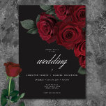 Elegant Moody Blood Red Roses Floral Wedding Invitation<br><div class="desc">Embrace timeless elegance for your gothic-inspired celebration with our captivating wedding invitation. A soft black background provides the perfect canvas for a captivating, yet understated bouquet. Imagine a corner arrangement of muted blood red rose blooms, where rich red hues mingle with dark green foliage. This ethereal design exudes quiet sophistication,...</div>