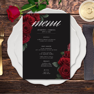 Elegant Moody Blood Red Roses Floral Wedding Menu