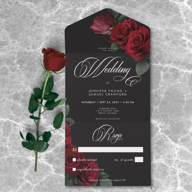 Elegant Moody Blood Red Roses Wedding No Dinner All In One Invitation (Elegant Moody Blood Red Roses Wedding No Dinner All In One Invitation)