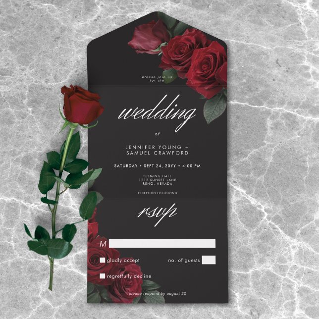 Elegant Moody Blood Red Roses Wedding No Dinner All In One Invitation (Elegant Moody Blood Red Roses Wedding No Dinner All In One Invitation)