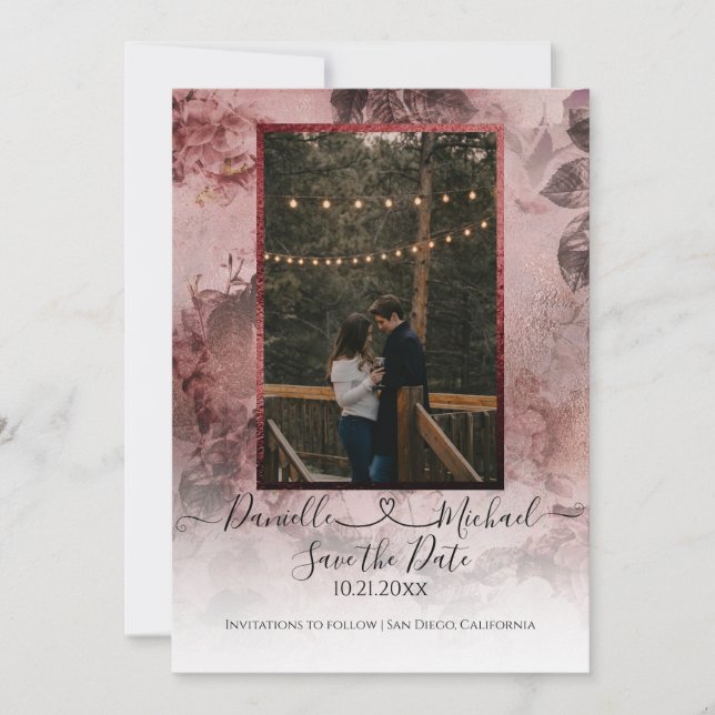 Elegant Moody Burgundy Floral Script Heart Photo Save The Date (Front)