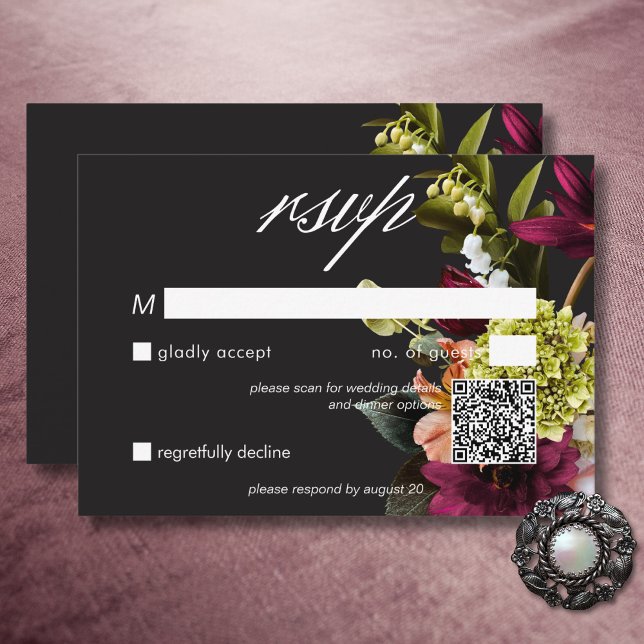 Elegant Moody Burgundy & Pink Floral QR Code RSVP Card (Elegant Moody Burgundy & Pink Floral QR Code RSVP Card)