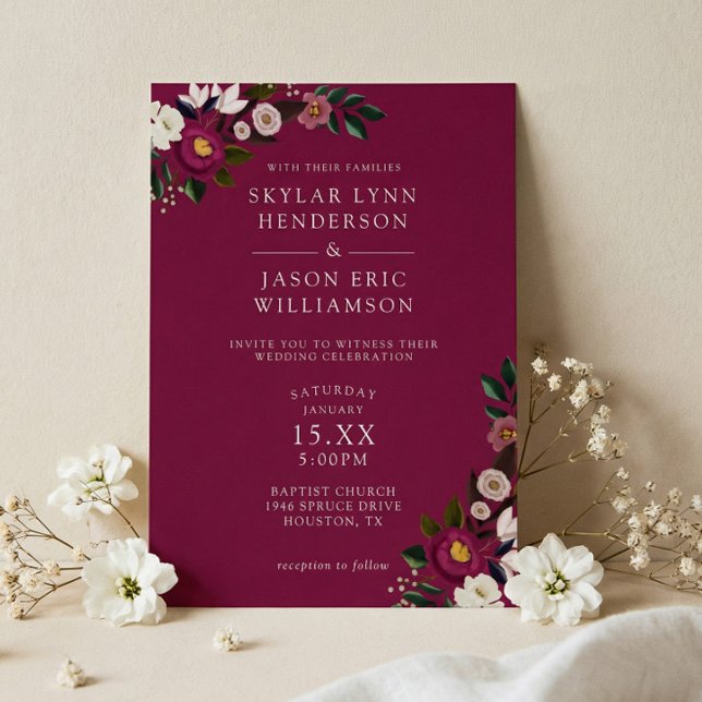 Elegant Moody Burgundy Watercolor Floral Wedding Invitation (Elegant Moody Burgundy Watercolor Floral Wedding Invitation)