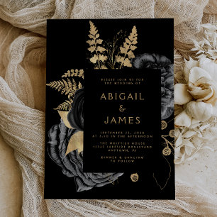 Elegant Moody Dark Floral Black Gold Wedding Invitation