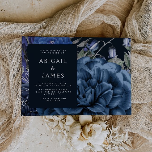 Elegant Moody Dark Floral Navy Blue Silver Wedding Invitation (The perfect choice for a romantic navy blue and silver themed wedding.)