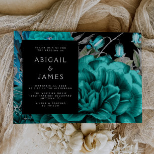Elegant Moody Dark Floral Teal Silver Wedding Invitation