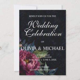 Elegant moody dark pink watercolor floral Wedding  Invitation