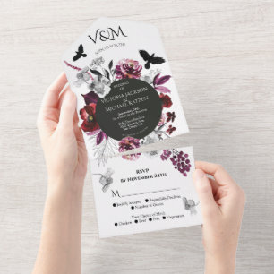 Elegant Moody Dark Purple Floral Wedding All In On One Invitation