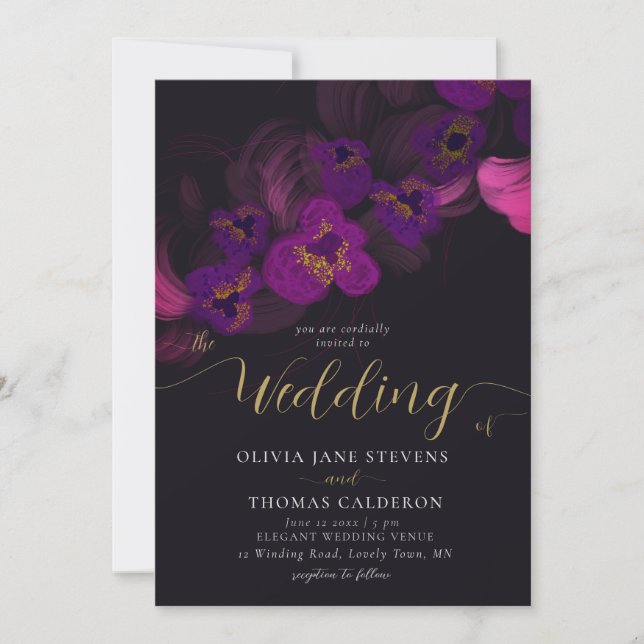 Elegant Moody Dark Purple Orchids Floral Wedding Invitation (Front)