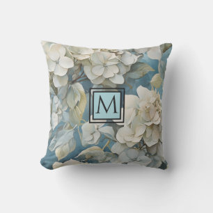 Elegant moody dusty blue watercolor florals cushion