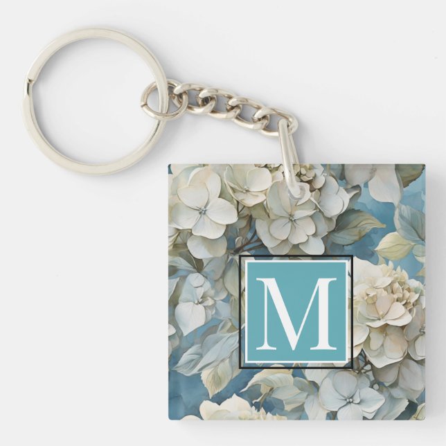 Elegant moody dusty blue watercolor florals key ring (Front)