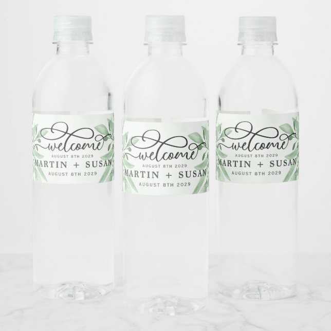 Elegant Moody Eucalyptus Leaves Greenery Wedding Water Bottle Label (Bottles)