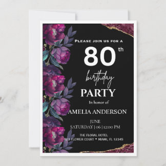 Elegant Moody Floral Burgundy Black 80th Birthday Invitation