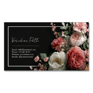 Elegant Moody Floral Pink Peony  Magnetic Business Card
