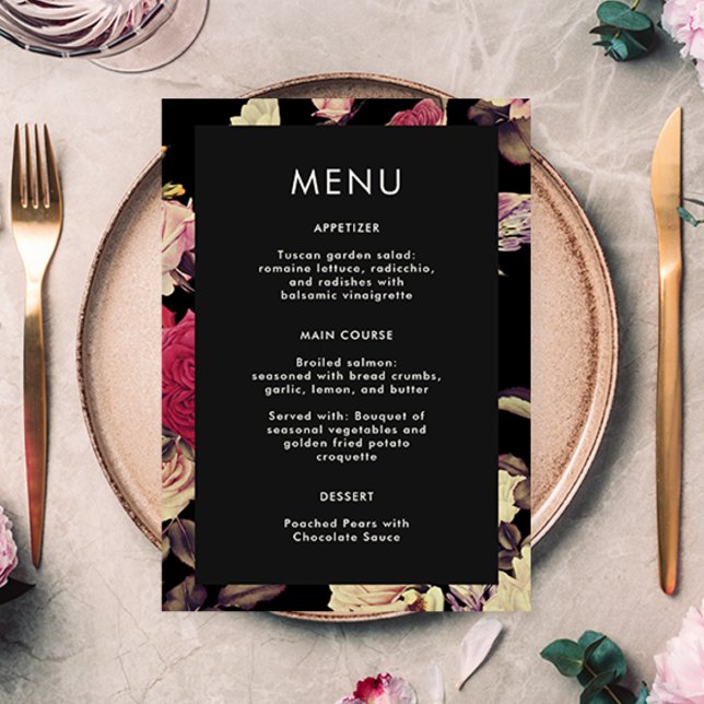 Elegant Moody Floral Wedding Menu (Elegant and stylish botanical wedding menu includes a beautiful black floral back of the card.)