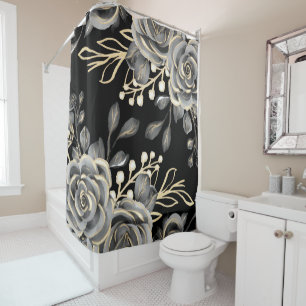 Elegant Moody Grey Floral Gold Black Watercolor Shower Curtain