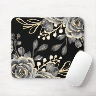 Elegant Moody Grey Gold Black Floral Watercolor Mouse Pad