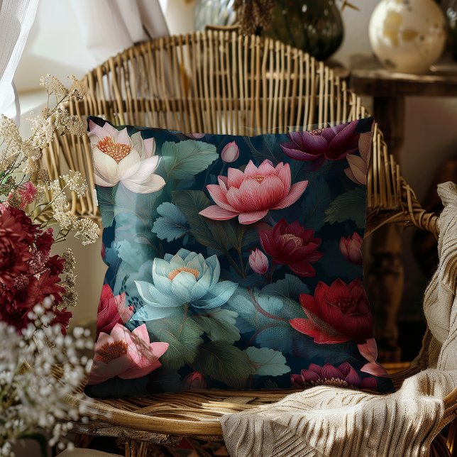 Elegant Moody Modern Lotus Flower Pattern Cushion (Elegant Moody Modern Lotus Flower Pattern Throw Pillow)