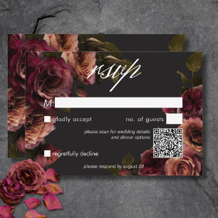 Elegant Moody Muted Rust & Burgundy Floral QR Code RSVP Card