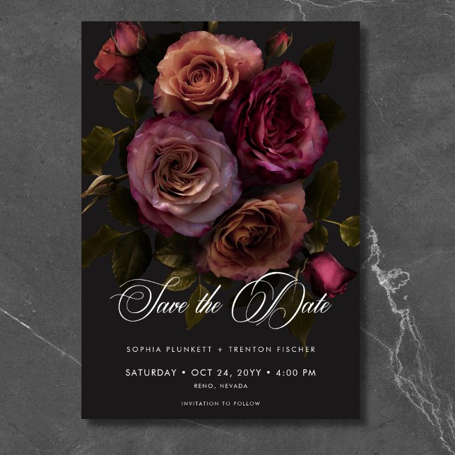 Elegant Moody Muted Rust & Burgundy Floral Wedding Save The Date (Elegant Moody Muted Rust & Burgundy Floral Wedding Save The Date)