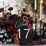 Elegant Moody Muted Rust & Burgundy Floral Wedding Table Number<br><div class="desc">Embrace timeless elegance for your gothic-inspired celebration with our captivating table number card. A soft black background provides the perfect canvas for a captivating, yet understated bouquet. Imagine a corner arrangement of muted rose blooms, where soft rust blush and rich burgundy hues mingle with dark green foliage. This ethereal design...</div>