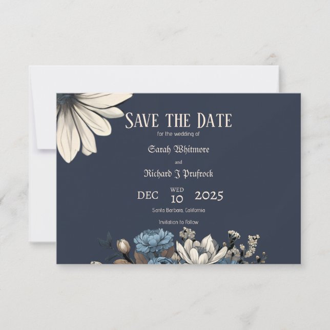 Elegant Moody Navy Blue Floral  Save The Date (Front)
