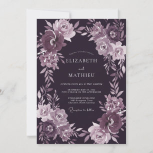 Elegant Moody Plum Wreath Wedding Invitation
