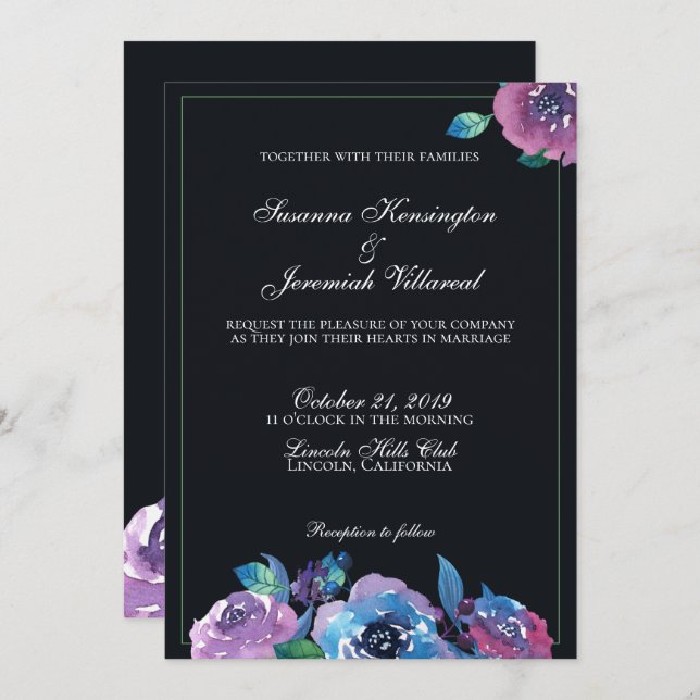 Elegant Moody Purple Watercolor Floral Wedding Invitation (Front/Back)