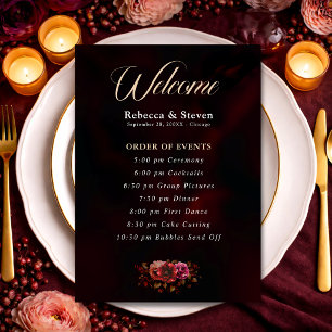 Elegant moody red black floral wedding program