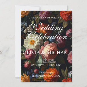 Elegant moody retro pink floral boho greenery invitation