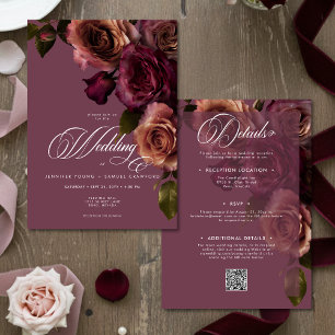 Elegant Moody Rust & Burgundy Floral Two Sided Invitation