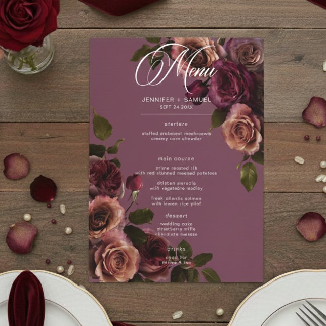 Elegant Moody Soft Rust & Burgundy Floral Wedding Menu (Creator Uploaded)