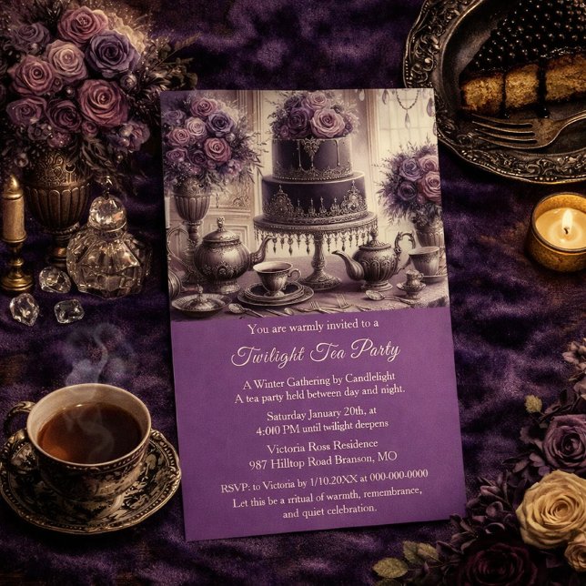 Elegant Moody Tea Party Invitation (Elegant Twilight Tea Party Invitation moody velvet, candlelight, and vintage charm for winter tea)
