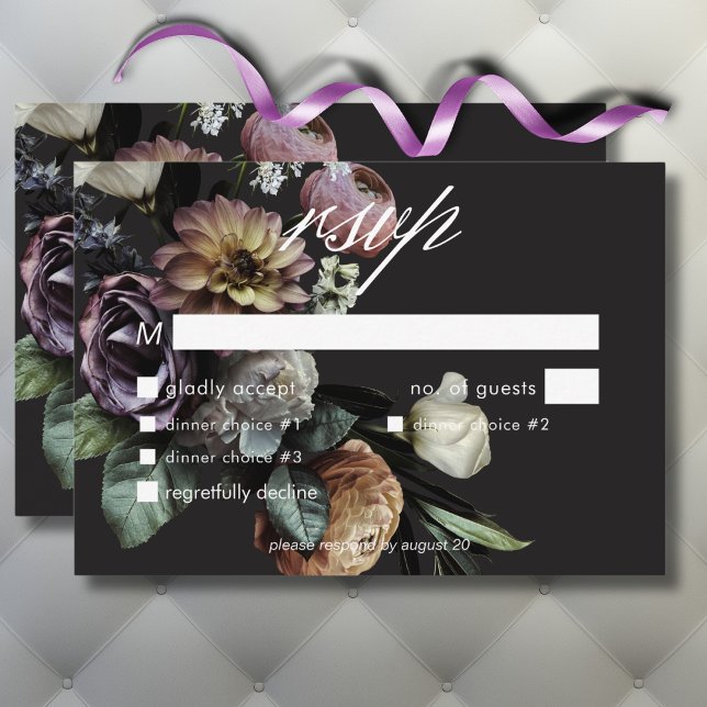 Elegant Moody Twilight Muted Floral Wedding Dinner RSVP Card (Elegant Moody Twilight Muted Floral Wedding Dinner RSVP Card)