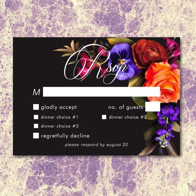 Elegant Moody Vibrant Harvest Floral Dinner RSVP Card (Elegant Moody Vibrant Sunset Floral Dinner RSVP)