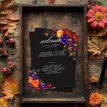 Elegant Moody Vibrant Harvest Floral Wedding Program<br><div class="desc">Embrace the opulent beauty of a fall floral harvest with our captivating wedding program. A dramatic, yet soft black background provides the perfect canvas for a breathtakingly realistic bouquet. Imagine a vibrant explosion of colour, featuring roses in orange and dark magenta, with small magenta pink flowers and purple violets and...</div>