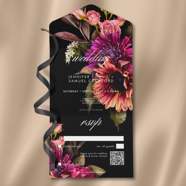 Elegant Moody Vibrant Sunset Floral QR Code All In One Invitation (Elegant Moody Vibrant Sunset Floral QR Code All In One Invitation)