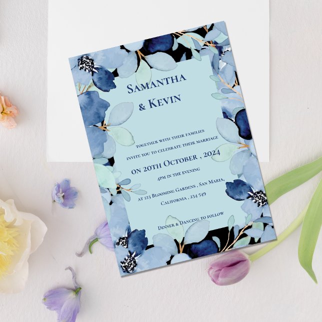 Elegant Moody Watercolor Blue Floral Wedding Invitation (Elegant Moody Watercolor Blue Floral Wedding Invitation)