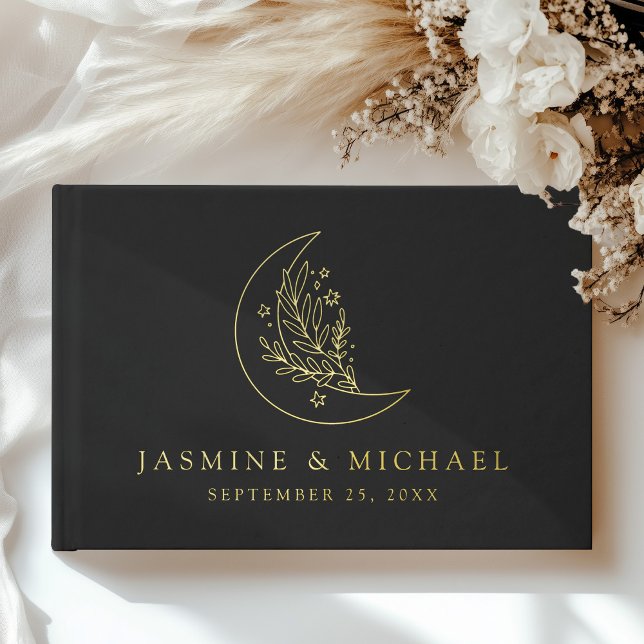 Elegant Moon and Stars Black and Gold Wedding Guest Book (Creator Uploaded)