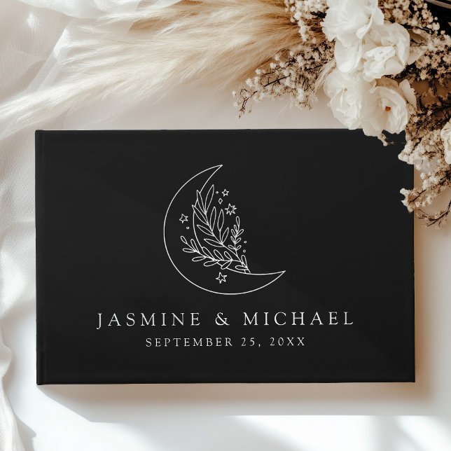 Elegant Moon and Stars Black and White Wedding Guest Book (Creator Uploaded)