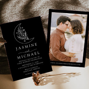 Elegant Moon and Stars Black Photo Wedding Invitation