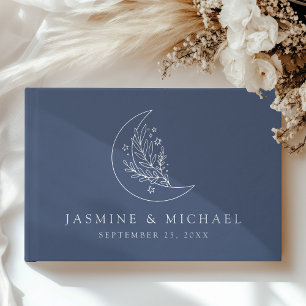 Elegant Moon and Stars Navy and Silver Wedding Guest Book
