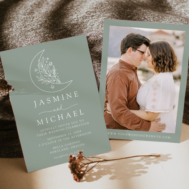 Elegant Moon and Stars Sage Green Photo Wedding Invitation (Creator Uploaded)