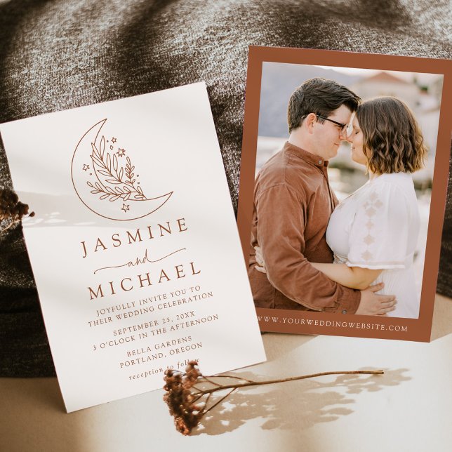 Elegant Moon and Stars Terracotta Photo Wedding Invitation (Creator Uploaded)