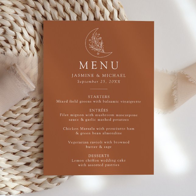 Elegant Moon and Stars Terracotta Wedding Menu (Creator Uploaded)