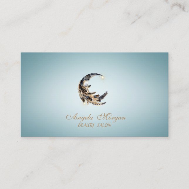Elegant Moon Feather Blue Business Card (Front)