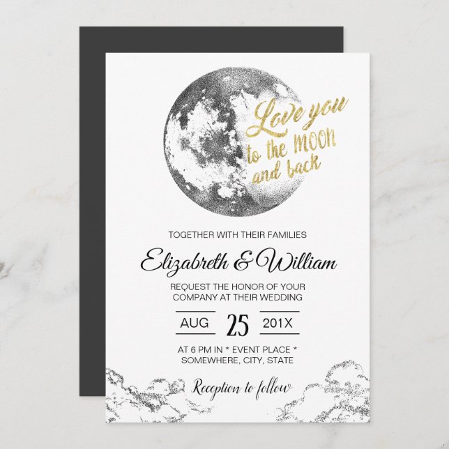 Elegant Moon Gold Typography Crescent Wedding Invitation (Front/Back)