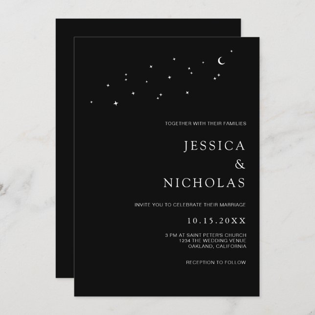 Elegant Moon & Stars Minimal Black Wedding  Invitation (Front/Back)